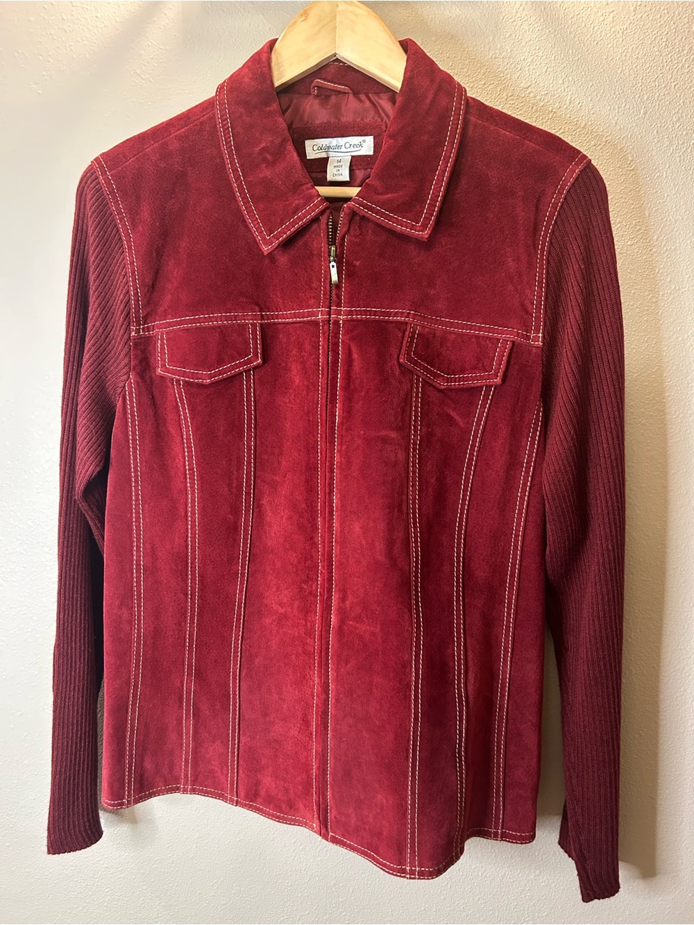 Vintage Coldwater Creek Red Suede Leather Knit Jacket Women’s Size 14 Full Zip